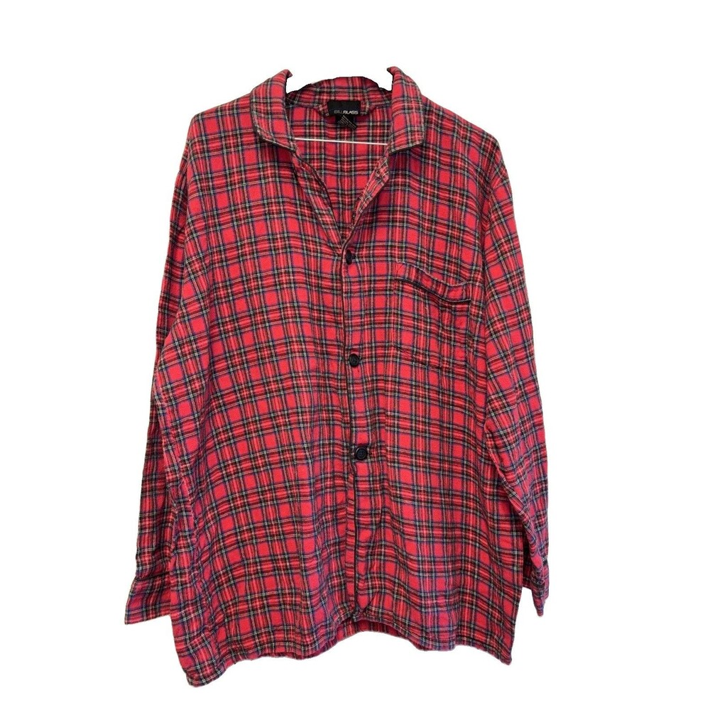 Bill Blass Plaid Flannel Pajama Top Button Shirt L Pocket Cotton Long Sleeve Men